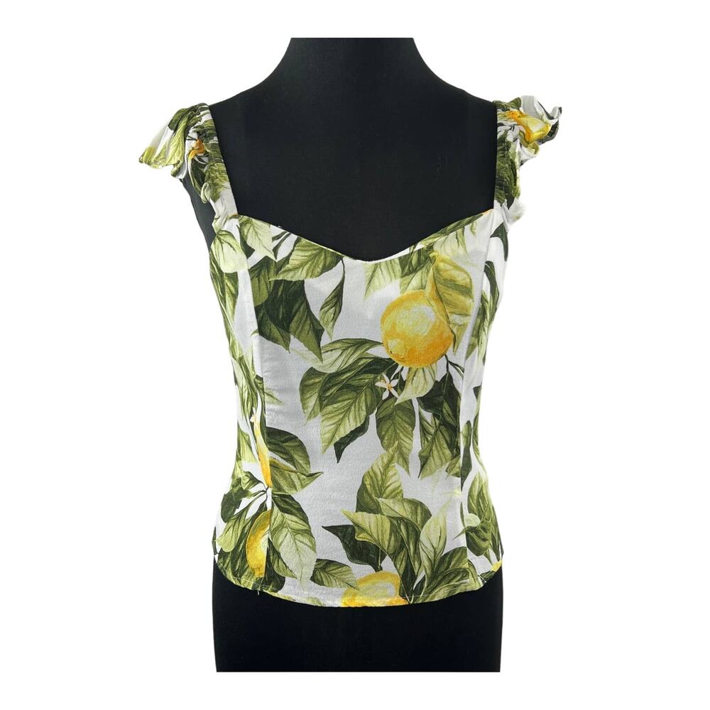 H&M White Green Yellow Sleeveless Wide V-Neck Ruffle Trimmed Lemon Top Size M